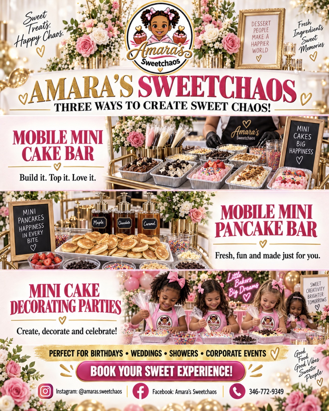 Amara's Sweetchaos mini cake bar, mini pancake bar, and mini cake decorating parties